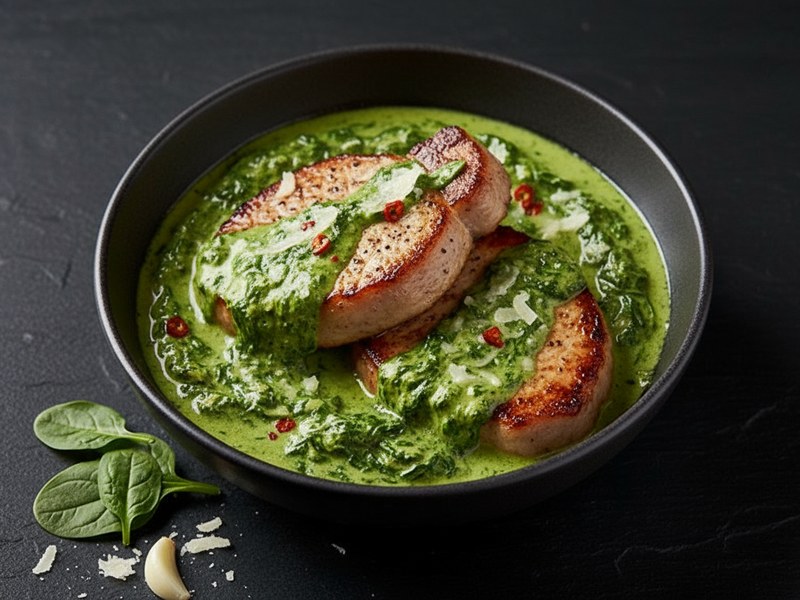 Boneless Pork Chops in Garlic Spinach Sauce
